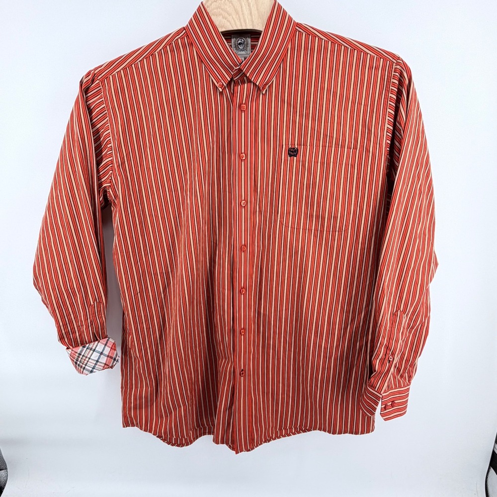Cinch‎ Western Shirt Mens Large Orange Vertical Striped Long Sleeve Button Down